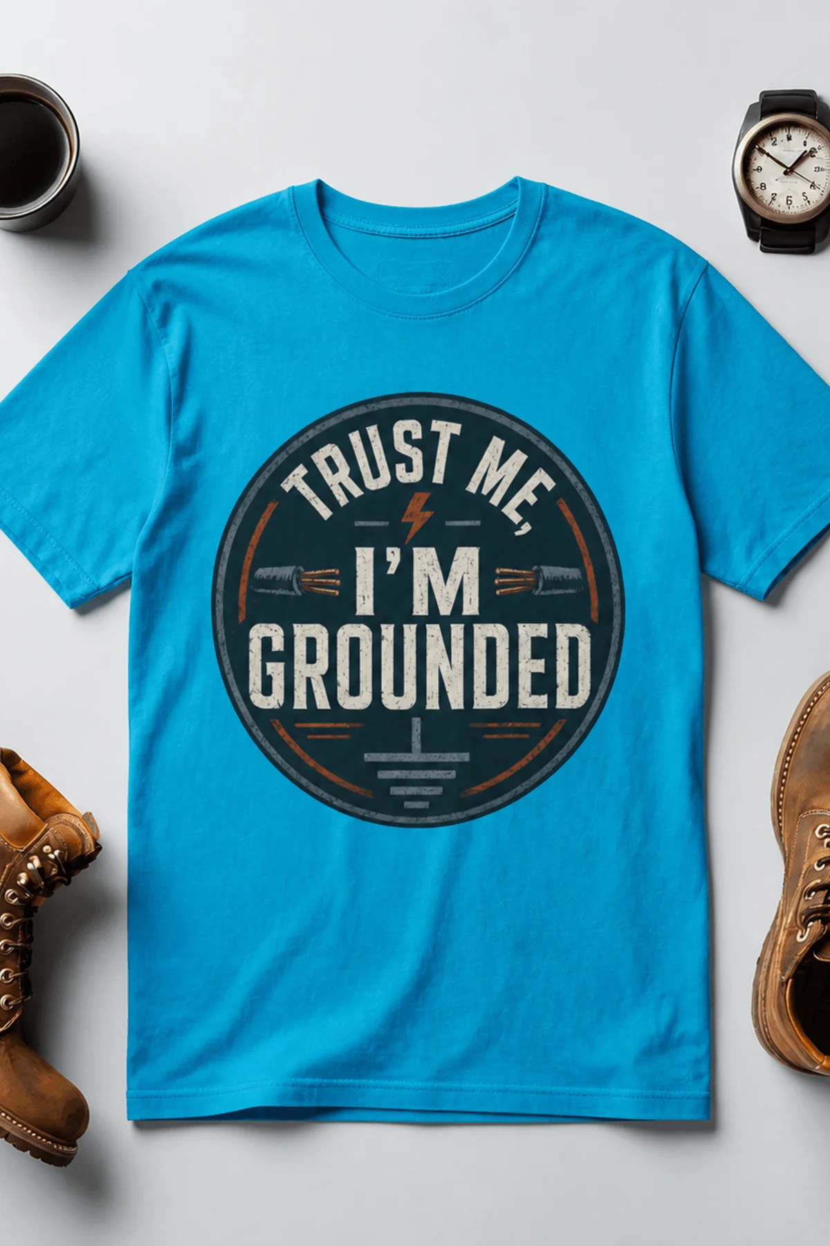 Grounded T‑Shirt – "Trust Me I'm Grounded" Electrical Tech Tee — sapphire t-shirt, flat-lay product photo | Pressure Tested Co