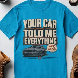 Mechanic T‑Shirt – "Your Car Told Me Everything" Vintage Graphic Design Tee — sapphire t-shirt, flat-lay product photo | Pressure Tested Co