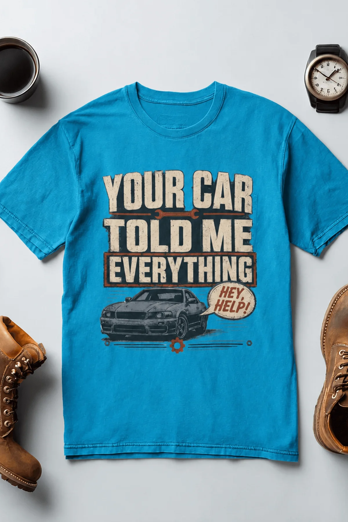 Mechanic T‑Shirt – "Your Car Told Me Everything" Vintage Graphic Design Tee — sapphire t-shirt, flat-lay product photo | Pressure Tested Co