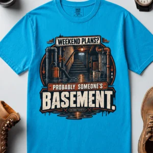 Plumber T‑Shirt – "Weekend Plans? Probably Someone's Basement" Vintage Graphic Design Tee — sapphire t-shirt, flat-lay product photo | Pressure Tested Co