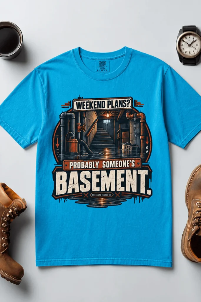Plumber T‑Shirt – "Weekend Plans? Probably Someone's Basement" Vintage Graphic Design Tee — sapphire t-shirt, flat-lay product photo | Pressure Tested Co