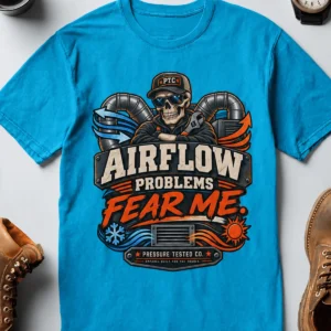 Airflow Problems Fear Me T-Shirt — HVAC Technician Skull Logo Tee — sapphire t-shirt, flat-lay product photo | Pressure Tested Co
