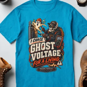 Ghost Voltage T-Shirt — 'I Chase Ghost Voltage for a Living' Vintage Electrician Tee — sapphire t-shirt, flat-lay product photo | Pressure Tested Co