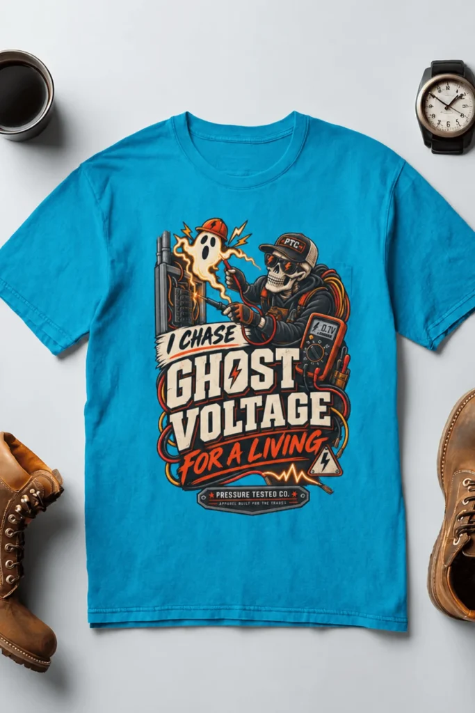 Ghost Voltage T-Shirt — 'I Chase Ghost Voltage for a Living' Vintage Electrician Tee — sapphire t-shirt, flat-lay product photo | Pressure Tested Co