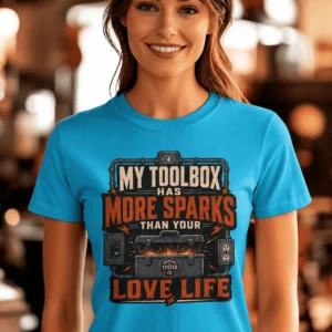 T-Shirt — "My Toolbox Has More Sparks Than Your Love Life" Electrician/Mechanic Workshop Tee — sapphire t-shirt, model photo | Pressure Tested Co