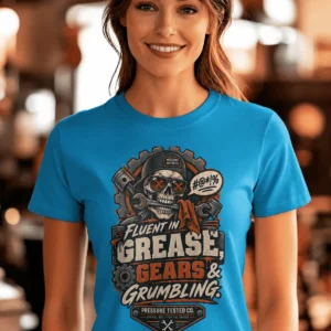 Mechanic Skull T-Shirt — "Fluent in Grease, Gears and Grumbling" Graphic Tee — sapphire t-shirt, model photo | Pressure Tested Co
