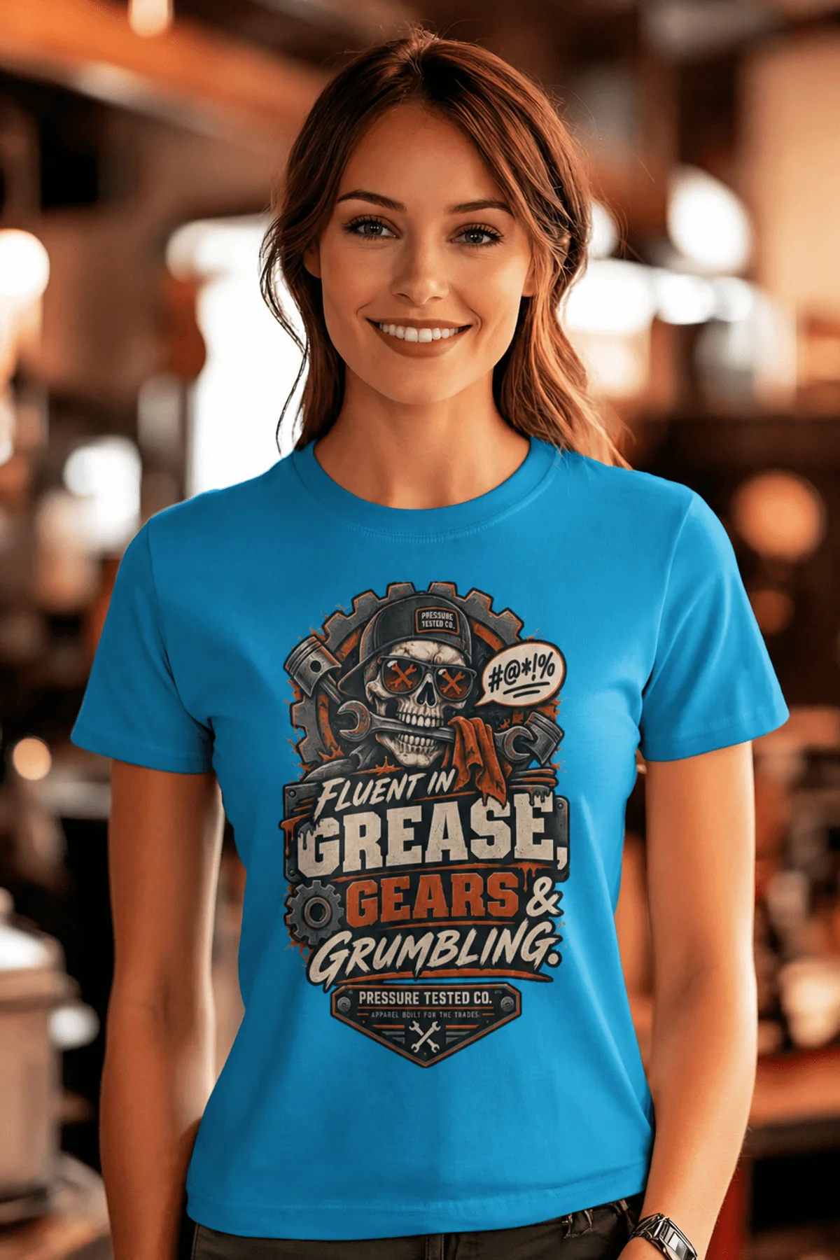Mechanic Skull T-Shirt — "Fluent in Grease, Gears and Grumbling" Graphic Tee — sapphire t-shirt, model photo | Pressure Tested Co