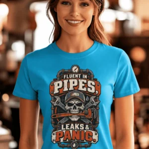 Plumber Skull T-Shirt — "Fluent in Pipes, Leaks and Panic" Workwear Tee — sapphire t-shirt, model photo | Pressure Tested Co