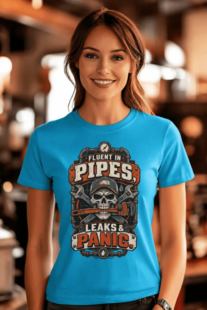 Plumber Skull T-Shirt — "Fluent in Pipes, Leaks and Panic" Workwear Tee — sapphire t-shirt, model photo | Pressure Tested Co
