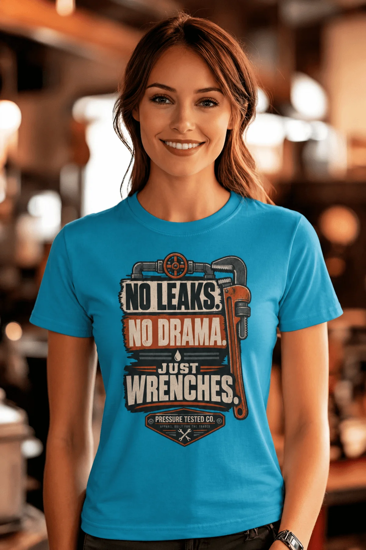 "No Leaks, No Drama, Just Wrenches" Vintage Plumbing Tee — sapphire t-shirt, model photo | Pressure Tested Co