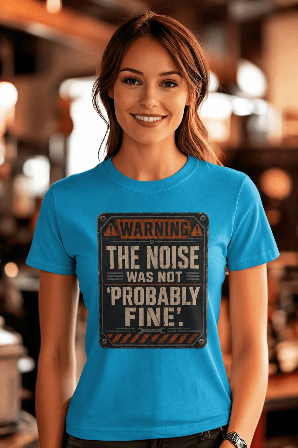 Warning Sign T-Shirt — "The Noise Was Not 'Probably Fine'" Vintage Graphic Tee — sapphire t-shirt, model photo | Pressure Tested Co