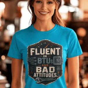 HVAC Tech T‑Shirt – "Fluent In BTUs And Bad Attitudes" — sapphire t-shirt, model photo | Pressure Tested Co