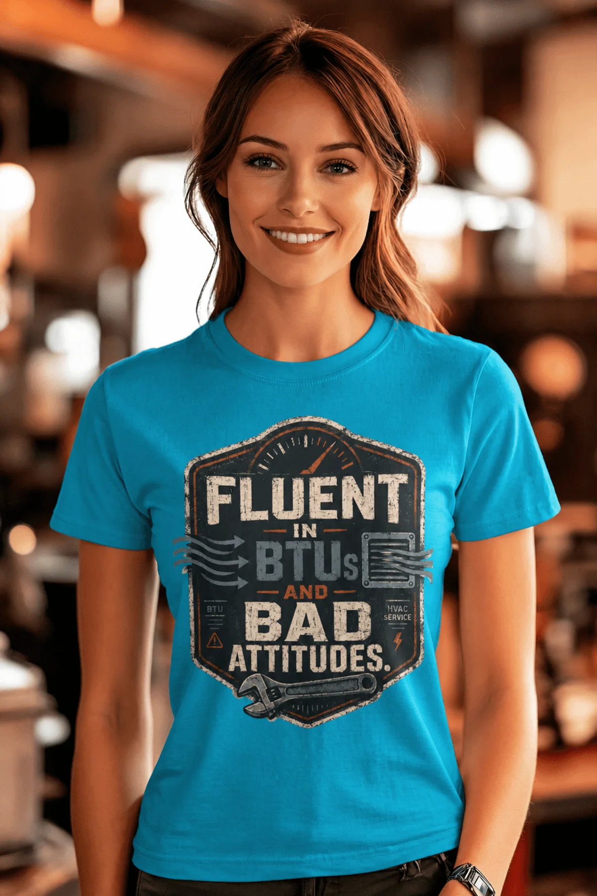 HVAC Tech T‑Shirt – "Fluent In BTUs And Bad Attitudes" — sapphire t-shirt, model photo | Pressure Tested Co