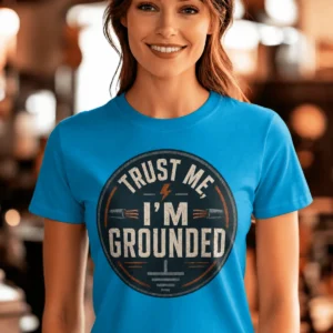 Grounded T‑Shirt – "Trust Me I'm Grounded" Electrical Tech Tee — sapphire t-shirt, model photo | Pressure Tested Co