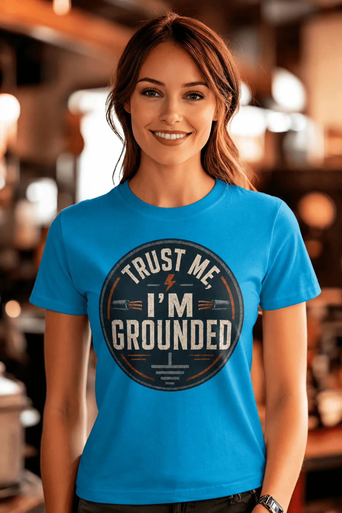 Grounded T‑Shirt – "Trust Me I'm Grounded" Electrical Tech Tee — sapphire t-shirt, model photo | Pressure Tested Co