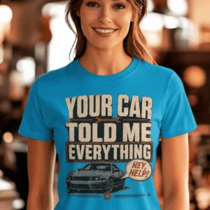 Mechanic T‑Shirt – "Your Car Told Me Everything" Vintage Graphic Design Tee — sapphire t-shirt, model photo | Pressure Tested Co