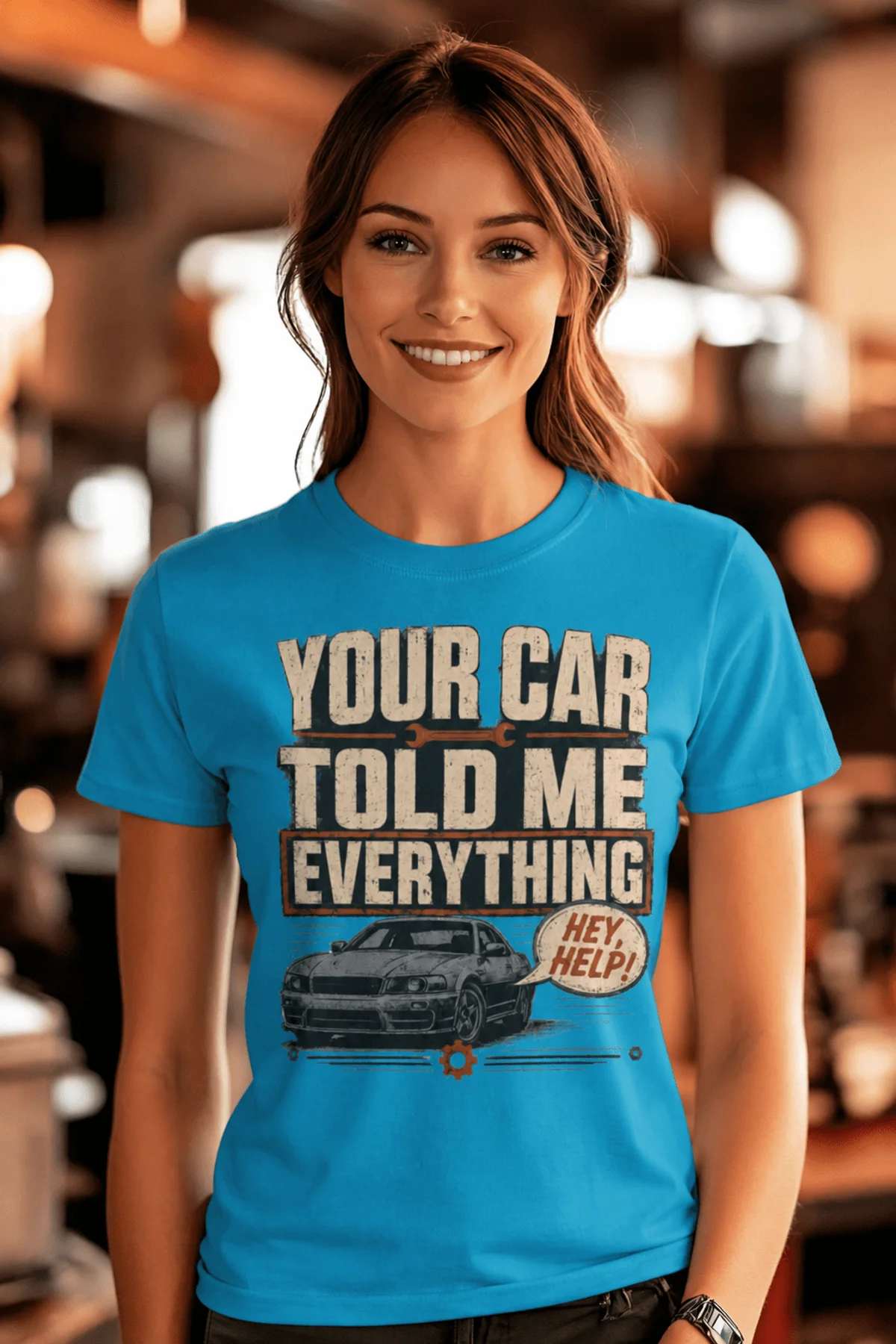 Mechanic T‑Shirt – "Your Car Told Me Everything" Vintage Graphic Design Tee — sapphire t-shirt, model photo | Pressure Tested Co