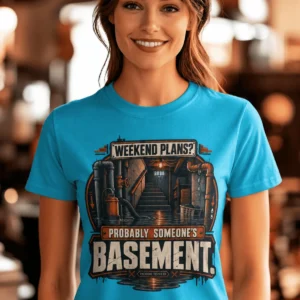 Plumber T‑Shirt – "Weekend Plans? Probably Someone's Basement" Vintage Graphic Design Tee — sapphire t-shirt, model photo | Pressure Tested Co