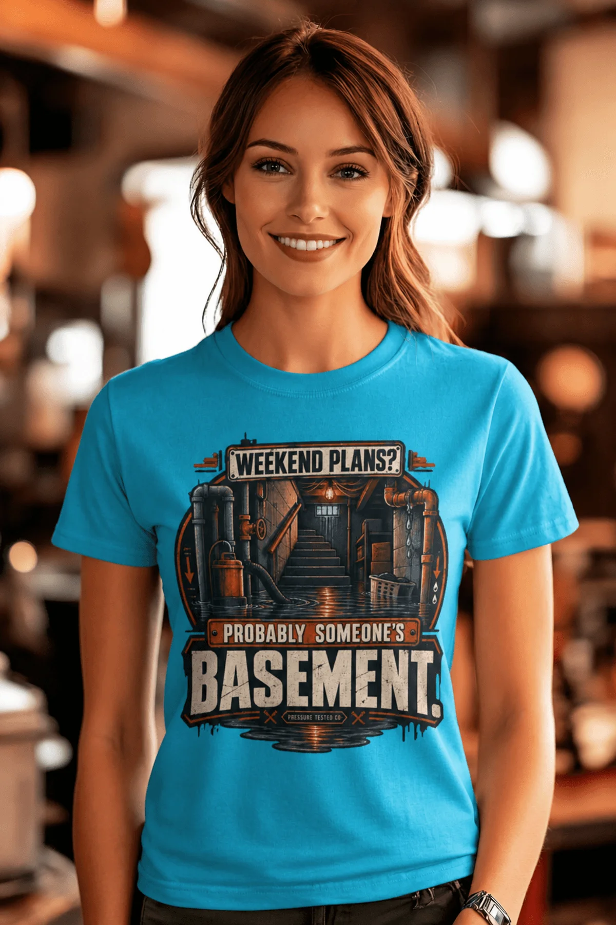 Plumber T‑Shirt – "Weekend Plans? Probably Someone's Basement" Vintage Graphic Design Tee — sapphire t-shirt, model photo | Pressure Tested Co