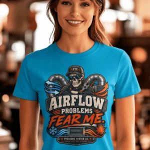 Airflow Problems Fear Me T-Shirt — HVAC Technician Skull Logo Tee — sapphire t-shirt, model photo | Pressure Tested Co