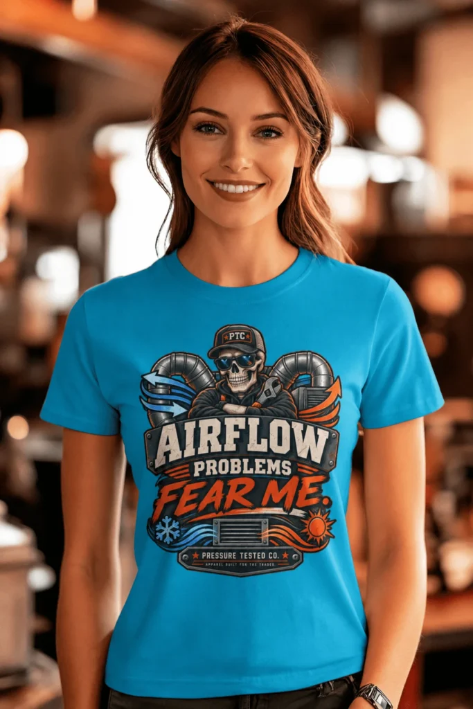 Airflow Problems Fear Me T-Shirt — HVAC Technician Skull Logo Tee — sapphire t-shirt, model photo | Pressure Tested Co