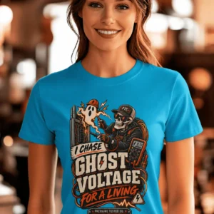 Ghost Voltage T-Shirt — 'I Chase Ghost Voltage for a Living' Vintage Electrician Tee — sapphire t-shirt, model photo | Pressure Tested Co
