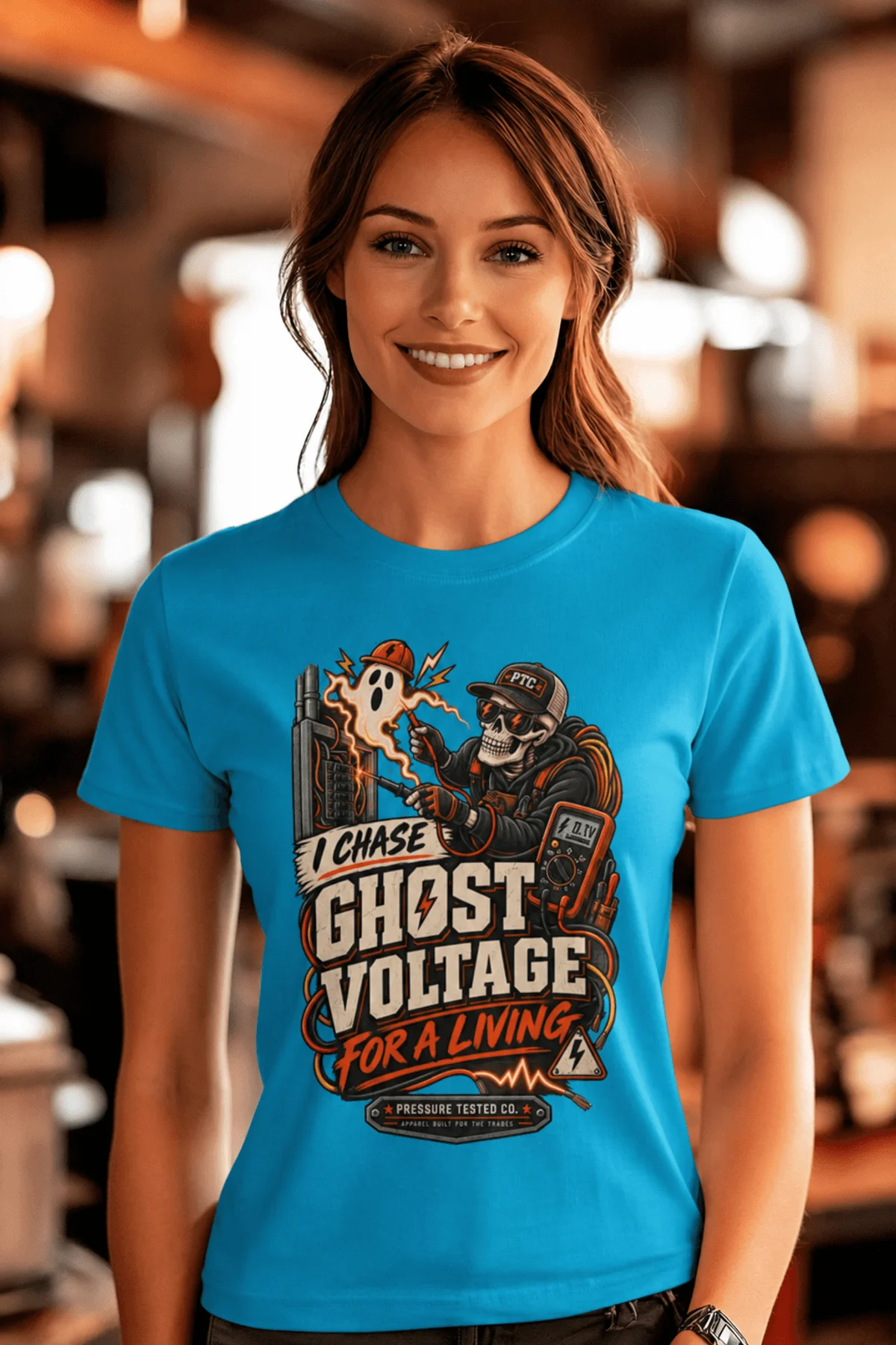 Ghost Voltage T-Shirt — 'I Chase Ghost Voltage for a Living' Vintage Electrician Tee — sapphire t-shirt, model photo | Pressure Tested Co