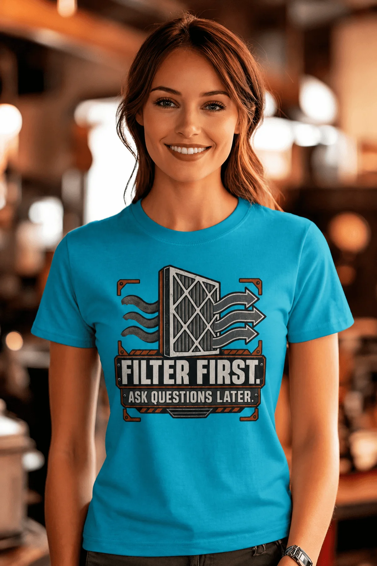 T-Shirt — "Filter First. Ask Questions Later." HVAC Air Filter Graphic — sapphire t-shirt, model photo | Pressure Tested Co