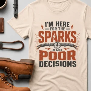 Sparks and Poor Decisions Tee — Funny Electrician/Party Graphic T-Shirt — soft-cream t-shirt, flat-lay product photo | Pressure Tested Co