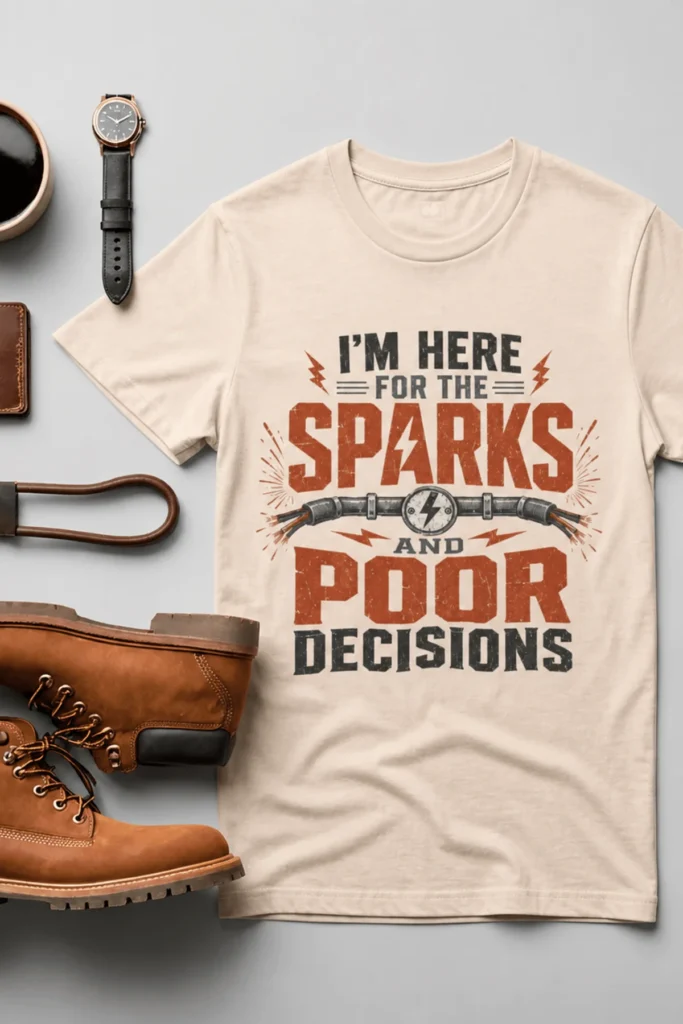 Sparks and Poor Decisions Tee — Funny Electrician/Party Graphic T-Shirt — soft-cream t-shirt, flat-lay product photo | Pressure Tested Co