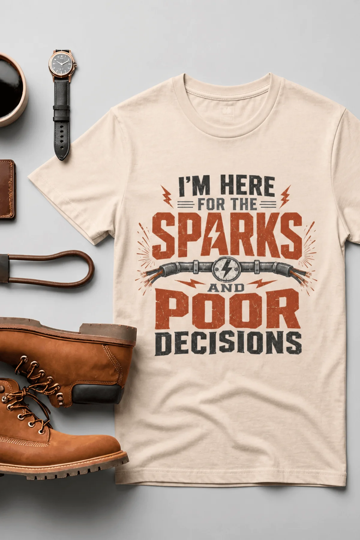 Sparks and Poor Decisions Tee — Funny Electrician/Party Graphic T-Shirt — soft-cream t-shirt, flat-lay product photo | Pressure Tested Co