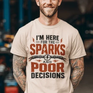 Sparks and Poor Decisions Tee — Funny Electrician/Party Graphic T-Shirt — soft-cream t-shirt, model photo | Pressure Tested Co
