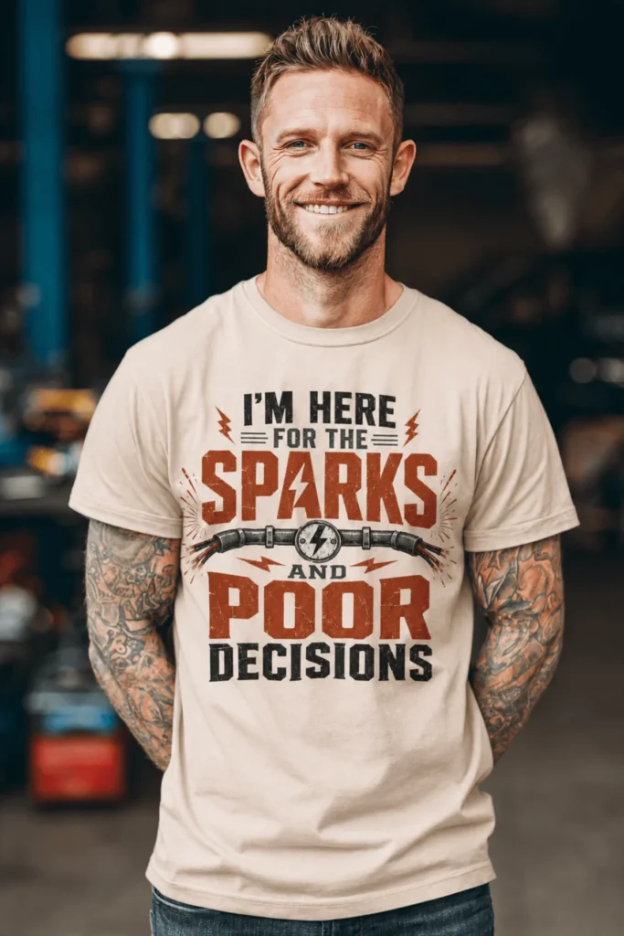Sparks and Poor Decisions Tee — Funny Electrician/Party Graphic T-Shirt — soft-cream t-shirt, model photo | Pressure Tested Co