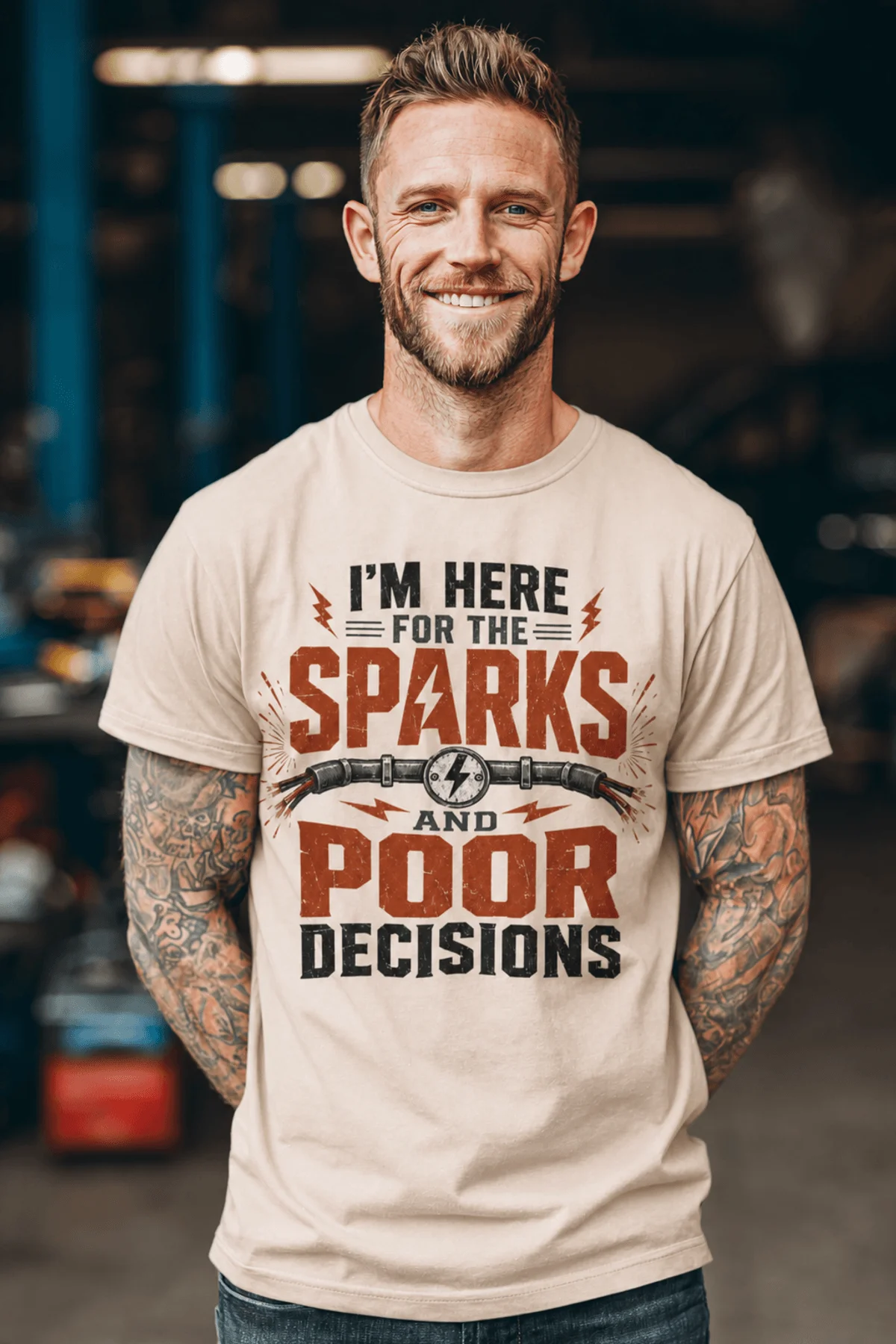 Sparks and Poor Decisions Tee — Funny Electrician/Party Graphic T-Shirt — soft-cream t-shirt, model photo | Pressure Tested Co