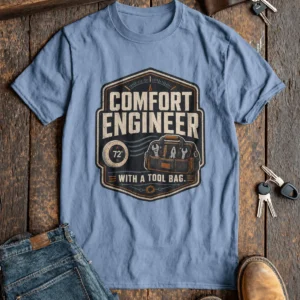 HVAC Tech T-Shirt — "Comfort Engineer" Vintage Tee with a Tool Bag — steel-blue t-shirt, flat-lay product photo | Pressure Tested Co