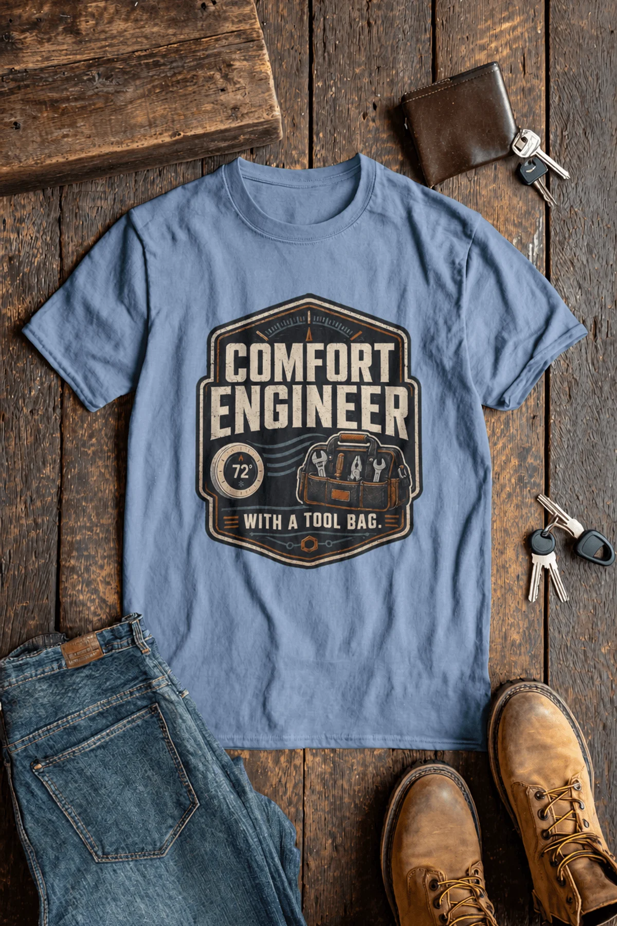 HVAC Tech T-Shirt — "Comfort Engineer" Vintage Tee with a Tool Bag — steel-blue t-shirt, flat-lay product photo | Pressure Tested Co