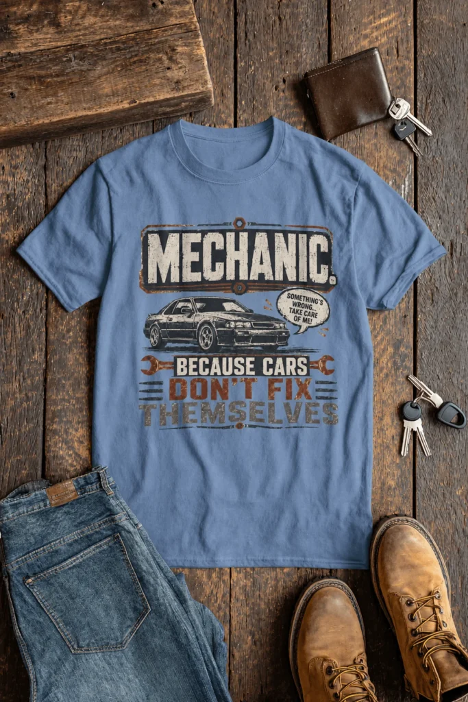 Mechanic Tee — "Mechanic. Because Cars Don't Fix Themselves" Funny Vintage Auto Technician Repair Shirt — steel-blue t-shirt, flat-lay product photo | Pressure Tested Co