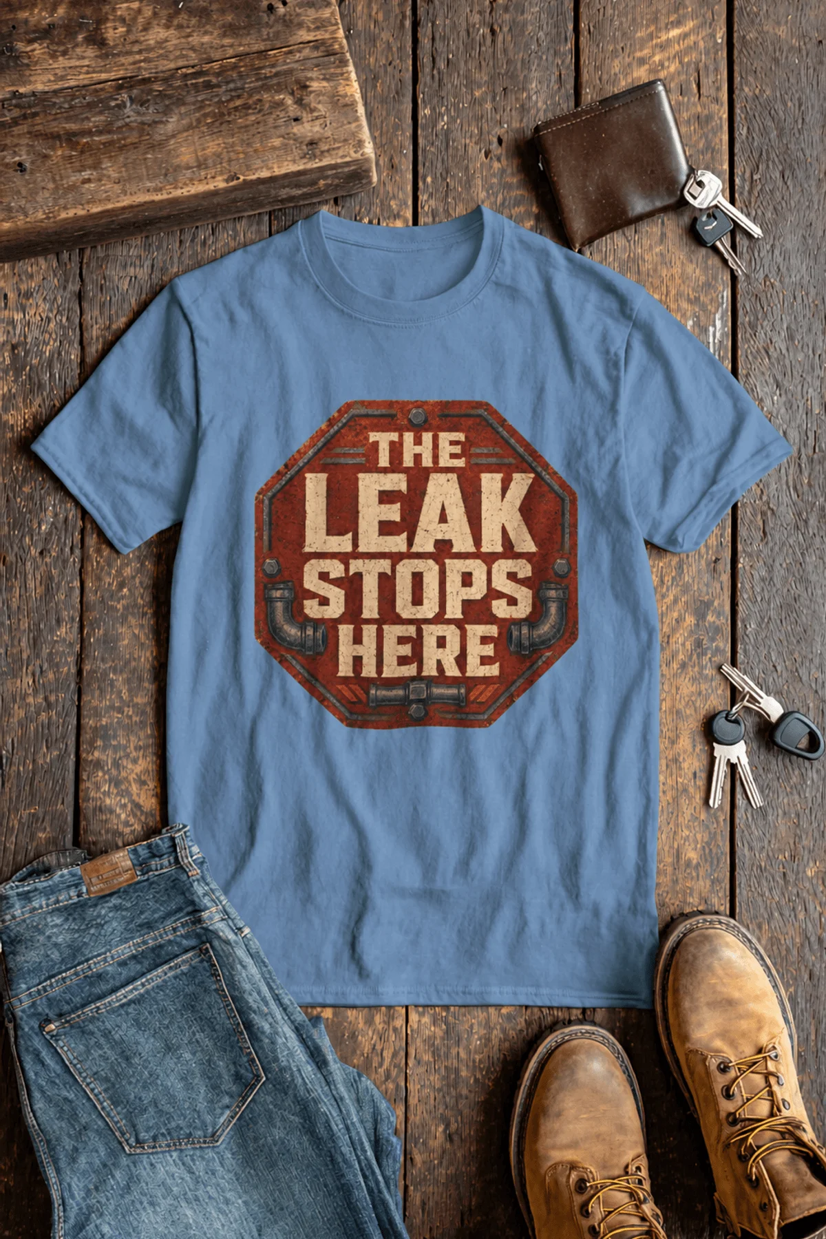 "The Leak Stops Here" Stop Sign Badge Style — Plumbing Repair Tech Humorous Tee — steel-blue t-shirt, flat-lay product photo | Pressure Tested Co