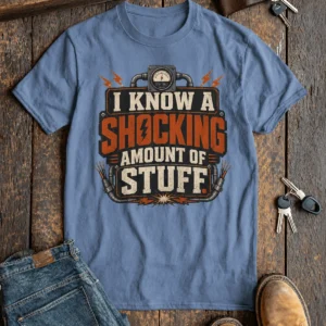 I Know A Shocking Amount Of Stuff T-Shirt — Electrician Science Humorous Tee — steel-blue t-shirt, flat-lay product photo | Pressure Tested Co