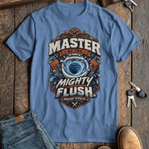 Master of the Mighty Flush T-Shirt — Plumber/Funny Toilet Repair Tee — steel-blue t-shirt, flat-lay product photo | Pressure Tested Co