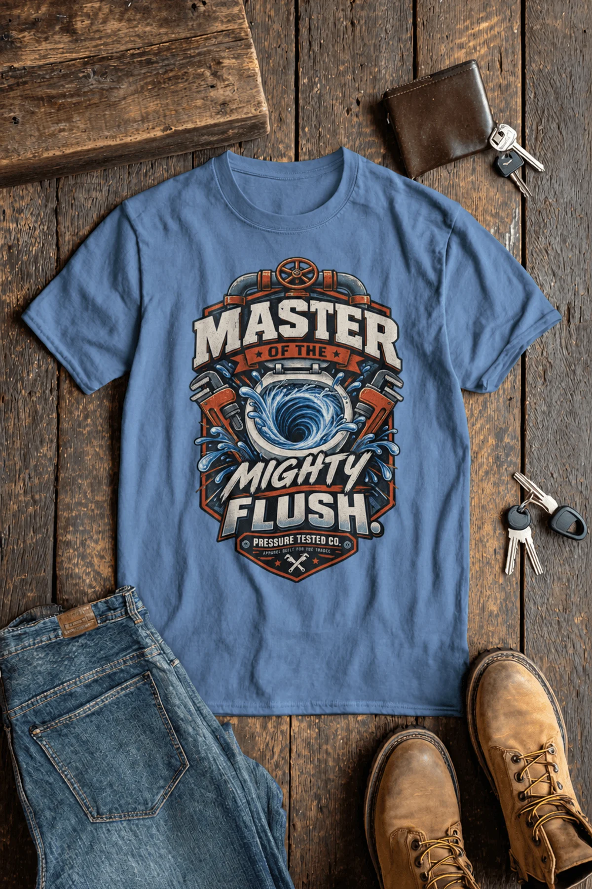 Master of the Mighty Flush T-Shirt — Plumber/Funny Toilet Repair Tee — steel-blue t-shirt, flat-lay product photo | Pressure Tested Co
