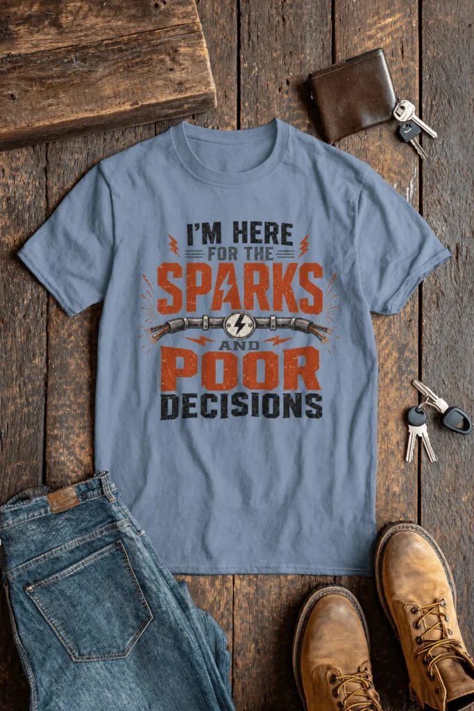 Sparks and Poor Decisions Tee — Funny Electrician/Party Graphic T-Shirt — steel-blue t-shirt, flat-lay product photo | Pressure Tested Co