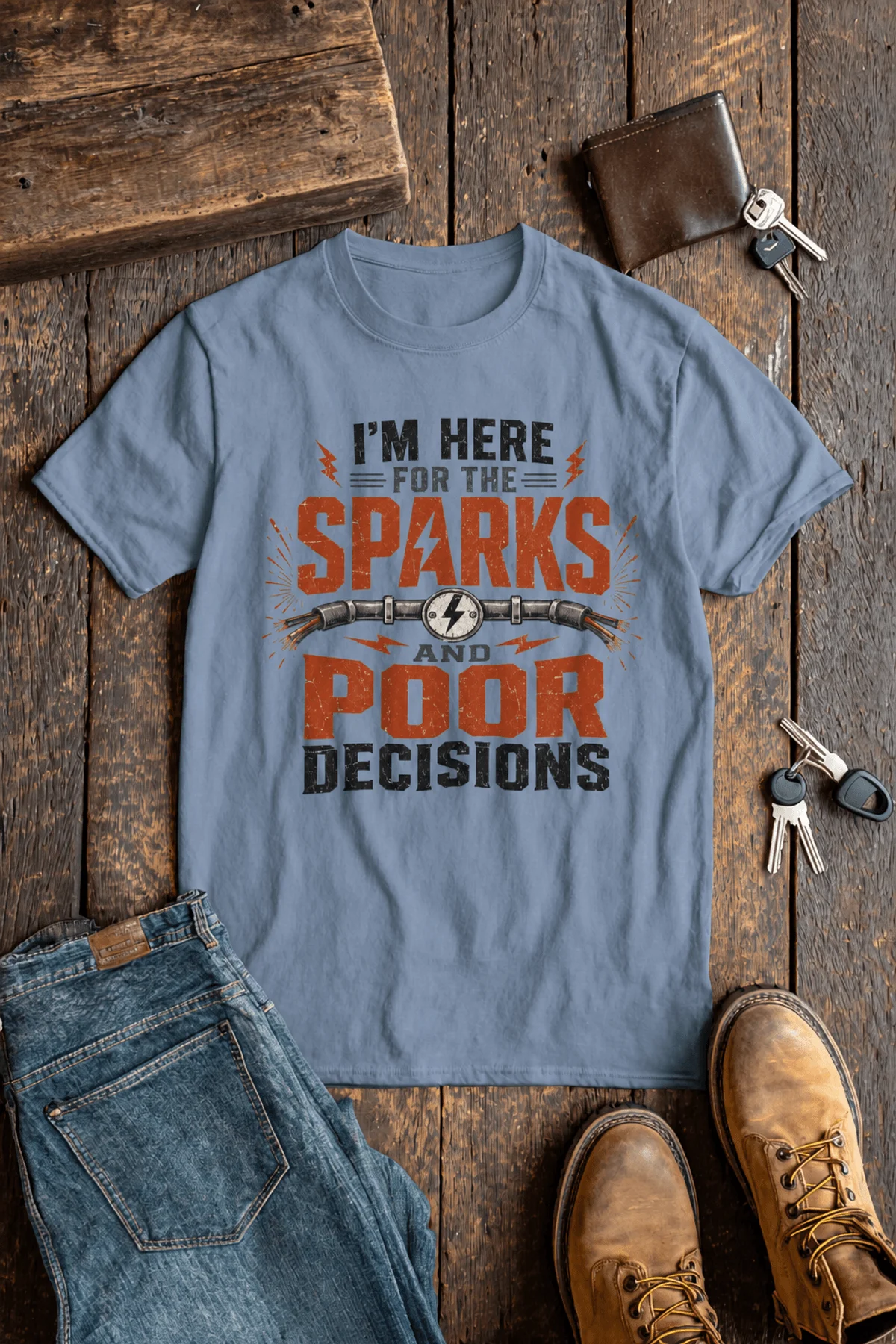 Sparks and Poor Decisions Tee — Funny Electrician/Party Graphic T-Shirt — steel-blue t-shirt, flat-lay product photo | Pressure Tested Co