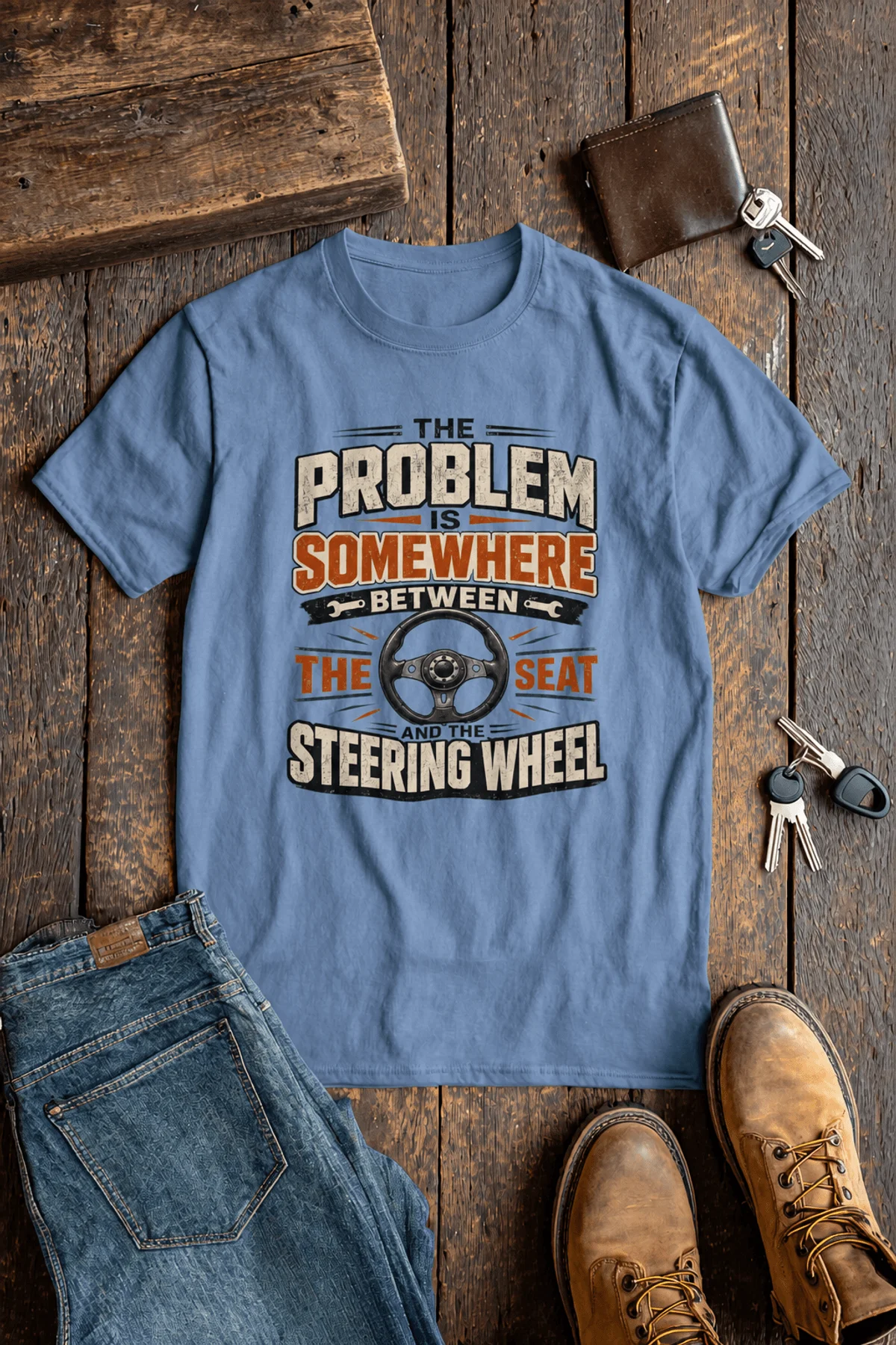 Driving Humor T-Shirt — "The Problem Is Somewhere Between The Seat And The Steering Wheel" — steel-blue t-shirt, flat-lay product photo | Pressure Tested Co