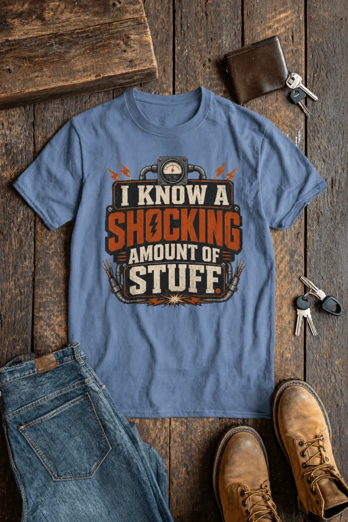 I Know A Shocking Amount Of Stuff T-Shirt — Electrician Science Humorous Tee — steel-blue t-shirt, flat-lay product photo | Pressure Tested Co
