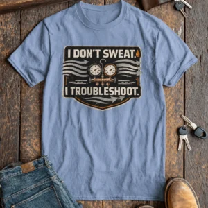 HVAC Tech T-Shirt – "I Don't Sweat. I Troubleshoot." Retro Tech Shirt — steel-blue t-shirt, flat-lay product photo | Pressure Tested Co