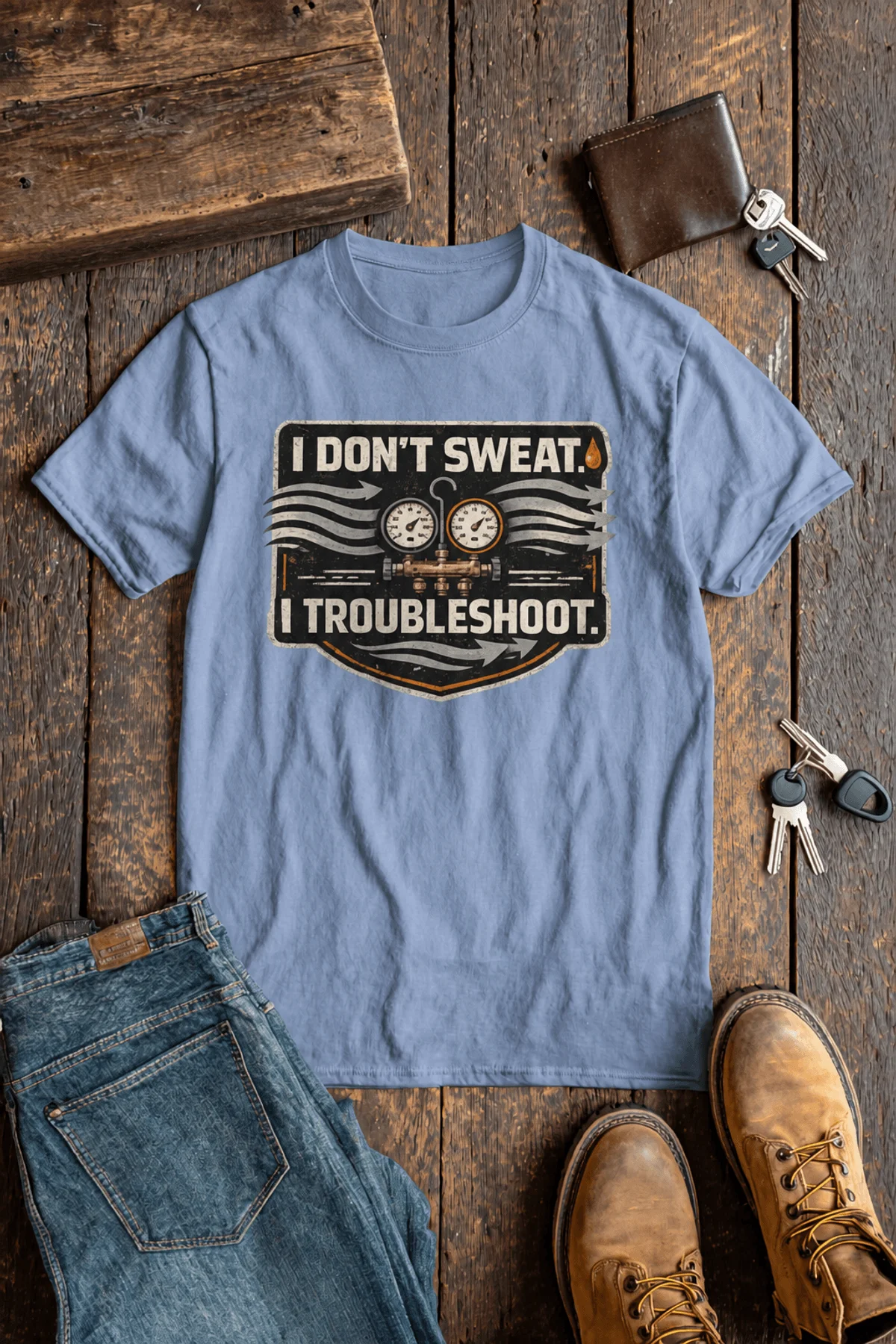 HVAC Tech T-Shirt – "I Don't Sweat. I Troubleshoot." Retro Tech Shirt — steel-blue t-shirt, flat-lay product photo | Pressure Tested Co