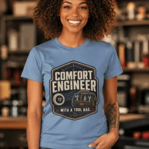 HVAC Tech T-Shirt — "Comfort Engineer" Vintage Tee with a Tool Bag — steel-blue t-shirt, model photo | Pressure Tested Co