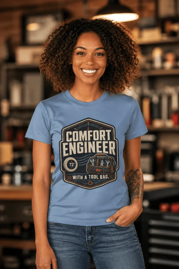 HVAC Tech T-Shirt — "Comfort Engineer" Vintage Tee with a Tool Bag — steel-blue t-shirt, model photo | Pressure Tested Co