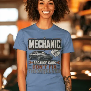 Mechanic Tee — "Mechanic. Because Cars Don't Fix Themselves" Funny Vintage Auto Technician Repair Shirt — steel-blue t-shirt, model photo | Pressure Tested Co
